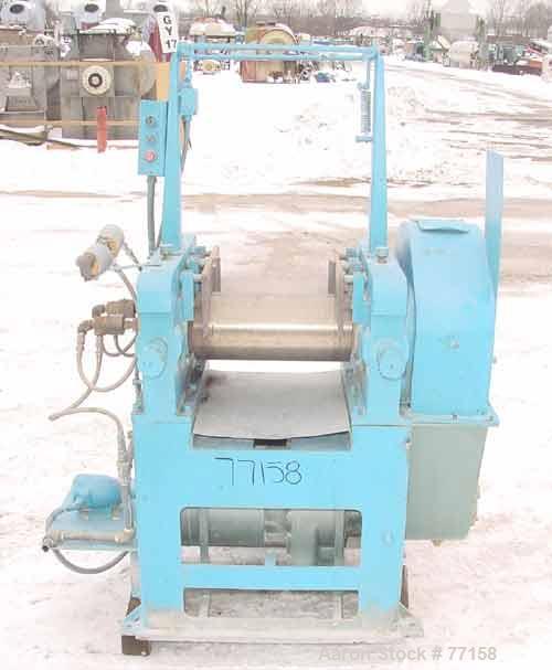 Used Horizontal Two Roll Mill. 8" Diameter x 18" long chrome plated cored rolls. Adjustable end guides, approximate distance between 14-1/4". Manual roll adjustments. Minimum roll gap is contact and ...