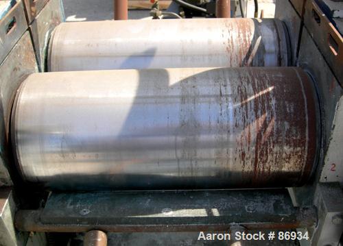 USED: Horizontal Two Roll Mill. (2) 6" diameter x 13" wide chrome plated cored rolls. (2) Knee safeties, (1) knife scraper. Manual roll adjustment. Driven by a 1 HP, 3/60/220/440 Volt, 900 RPM US var...