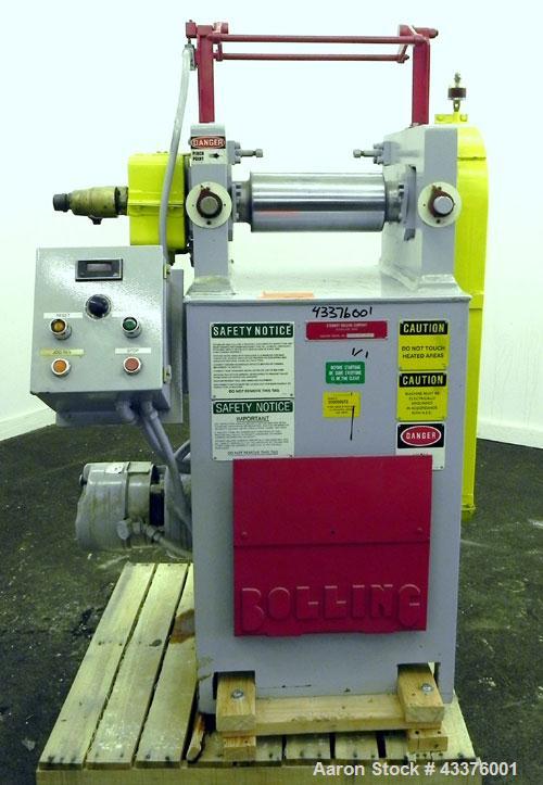Used Stewart Bolling “OE” Horizontal Two Roll Mill, Model 6” X 6” X 13”. (2) 6" Diameter x 13" wide chrome plated cored rolls, manually adjustable. Approximate batch capacity 2 pounds, roll speeds 33...