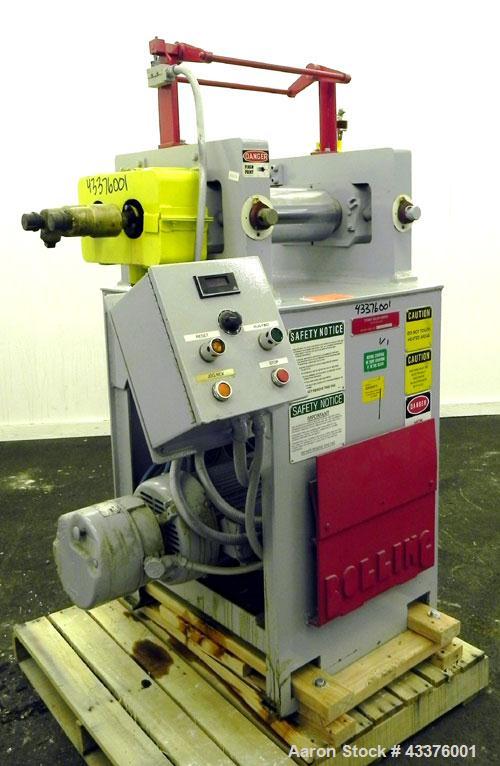 Used Stewart Bolling “OE” Horizontal Two Roll Mill, Model 6” X 6” X 13”. (2) 6" Diameter x 13" wide chrome plated cored rolls, manually adjustable. Approximate batch capacity 2 pounds, roll speeds 33...