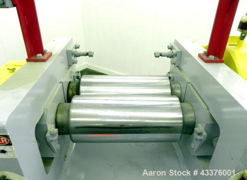 Used Stewart Bolling “OE” Horizontal Two Roll Mill, Model 6” X 6” X 13”. (2) 6" Diameter x 13" wide chrome plated cored rolls, manually adjustable. Approximate batch capacity 2 pounds, roll speeds 33...