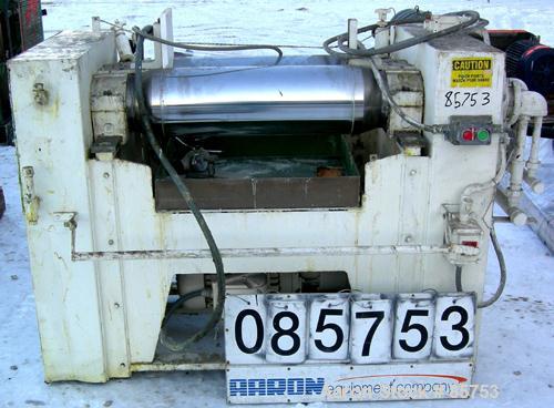 Used Ross Horizontal Two Roll Mill, Model 9X24. (2) 9" diameter x 24" wide chrome plated cored rolls, (1) roll cracked. Adjustable end guides, (2) knee safeties, bottom drip pan. Manual roll adjustme...