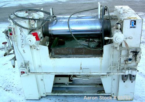 Used Ross Horizontal Two Roll Mill, Model 9X24. (2) 9" diameter x 24" wide chrome plated cored rolls, (1) roll cracked. Adjustable end guides, (2) knee safeties, bottom drip pan. Manual roll adjustme...