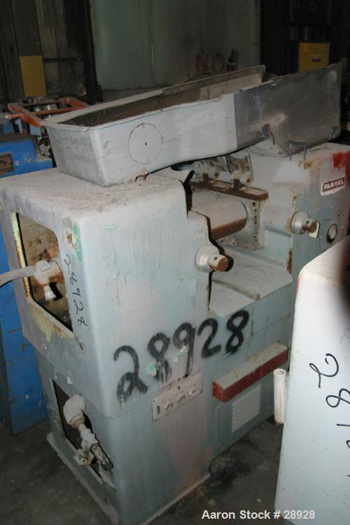USED: Farrel horizontal two roll mill. 6" x 13" cored rolls. Fixed aluminum end guides and mill pan. Knee safeties. Hand-micro adjustments. 1.4:1 friction ratio. Roll speed front 13-24 rpm, rear 18-3...
