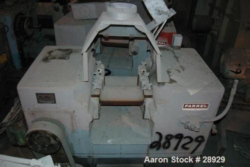 USED: Farrel horizontal two roll mill. 6" x 13" cored rolls. Fixed aluminum end guides and mill pan. Knee safeties. Hand-micro adjustments. 1.4:1 friction ratio. Roll speed front 13-24 rpm, rear 18-3...