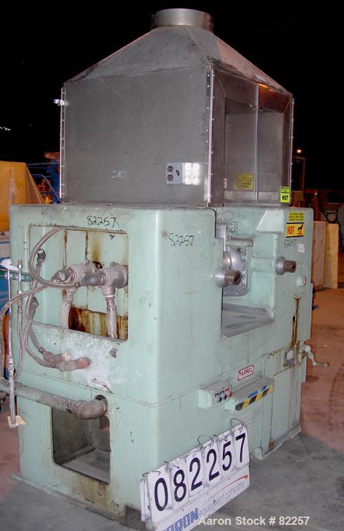 USED: Farrel horizontal two roll mill. (2) 8" diameter x 16" wide cored rolls, temp range approximately 350 deg F. Adjustable end guides, (2) knee safties, (1) swinging knife scraper, bottom drip pan...