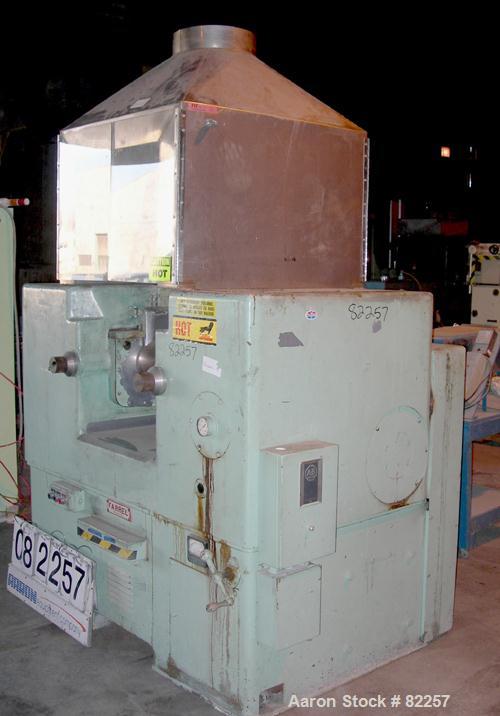 USED: Farrel horizontal two roll mill. (2) 8" diameter x 16" wide cored rolls, temp range approximately 350 deg F. Adjustable end guides, (2) knee safties, (1) swinging knife scraper, bottom drip pan...