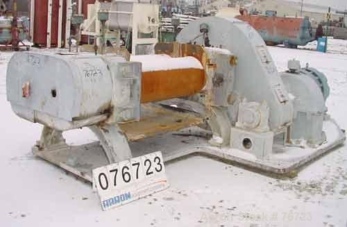 USED: Farrell horizontal two roll mill. 18" diameter x 48" long ironcored rolls. Adjustable end guides, discharge pan. Manual rolladjustments. Driven by a 75 hp, 3/60/550 volt, 690 rpm motor thru aFa...