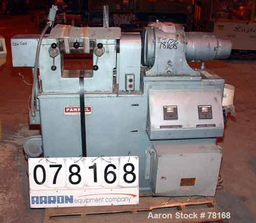 USED: Farrel horizontal two roll mill. 3" diameter x 6" longelectrically heated rolls. Adjustable end guides, knife scraper,manual roll adjustments. Driven by a 1-1/2 hp, 3/60/208-220/440 volt,1730 r...