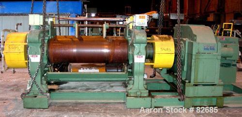 USED: Farrell horizontal two roll mill, (2) 22" diameter x 60" wide iron cored rolls. Operating temp approximately 200 deg F, adjustable end guides, bottom drip pan, manual roll adjustment, 75-125 po...