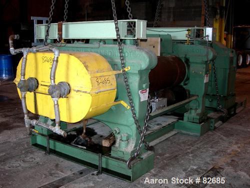 USED: Farrell horizontal two roll mill, (2) 22" diameter x 60" wide iron cored rolls. Operating temp approximately 200 deg F, adjustable end guides, bottom drip pan, manual roll adjustment, 75-125 po...