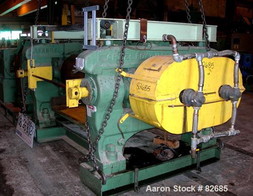 USED: Farrell horizontal two roll mill, (2) 22" diameter x 60" wide iron cored rolls. Operating temp approximately 200 deg F, adjustable end guides, bottom drip pan, manual roll adjustment, 75-125 po...