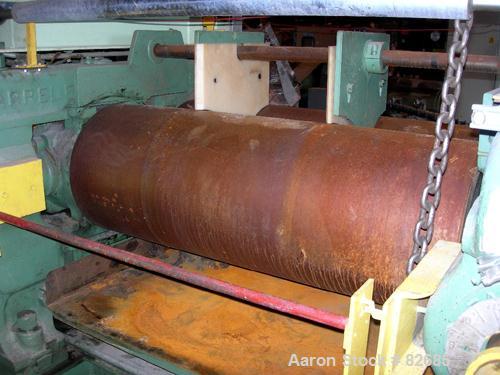 USED: Farrell horizontal two roll mill, (2) 22" diameter x 60" wide iron cored rolls. Operating temp approximately 200 deg F, adjustable end guides, bottom drip pan, manual roll adjustment, 75-125 po...
