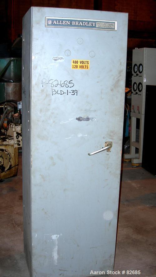 USED: Farrell horizontal two roll mill, (2) 22" diameter x 60" wide iron cored rolls. Operating temp approximately 200 deg F, adjustable end guides, bottom drip pan, manual roll adjustment, 75-125 po...