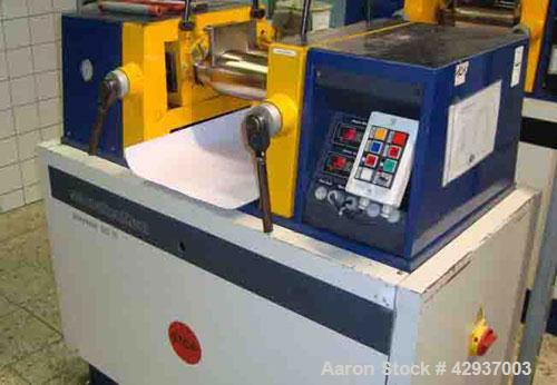 Used Schwabenthan Lab 2 Roll Mill, type Polymix 110P.  4.3" Diameter x 11.7" straight side (110 mm x 300 mm straight side) chrome plated rolls. Hand operated gap adjustment. Electrically heated, maxi...
