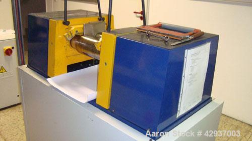 Used Schwabenthan Lab 2 Roll Mill, type Polymix 110P.  4.3" Diameter x 11.7" straight side (110 mm x 300 mm straight side) chrome plated rolls. Hand operated gap adjustment. Electrically heated, maxi...