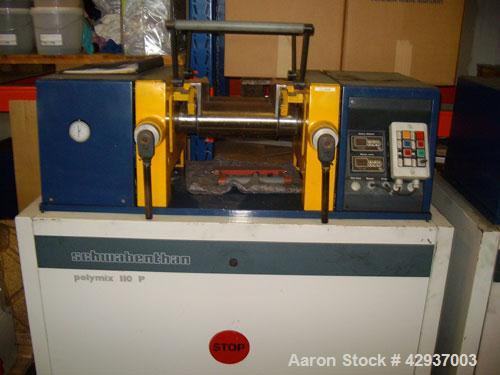 Used Schwabenthan Lab 2 Roll Mill, type Polymix 110P.  4.3" Diameter x 11.7" straight side (110 mm x 300 mm straight side) chrome plated rolls. Hand operated gap adjustment. Electrically heated, maxi...