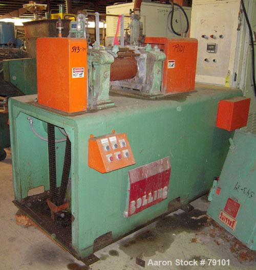 Used Stewart Bolling Horizontal Two Roll Mill. (2) 6" diameter x 13" wide cored rolls. Adjustable end guides, (2) knee safties, manual roll adjustment. Approximate batch capacity 2 pounds, roll speed...
