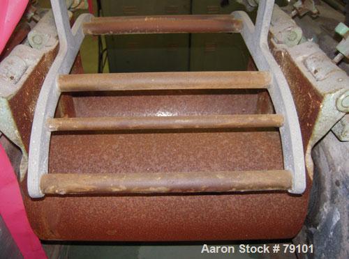 Used Stewart Bolling Horizontal Two Roll Mill. (2) 6" diameter x 13" wide cored rolls. Adjustable end guides, (2) knee safties, manual roll adjustment. Approximate batch capacity 2 pounds, roll speed...