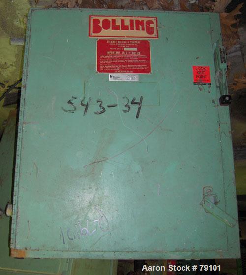 Used Stewart Bolling Horizontal Two Roll Mill. (2) 6" diameter x 13" wide cored rolls. Adjustable end guides, (2) knee safties, manual roll adjustment. Approximate batch capacity 2 pounds, roll speed...