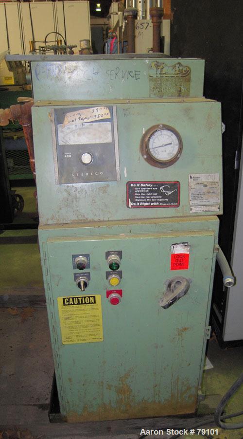 Used Stewart Bolling Horizontal Two Roll Mill. (2) 6" diameter x 13" wide cored rolls. Adjustable end guides, (2) knee safties, manual roll adjustment. Approximate batch capacity 2 pounds, roll speed...