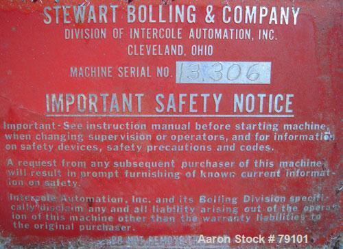 Used Stewart Bolling Horizontal Two Roll Mill. (2) 6" diameter x 13" wide cored rolls. Adjustable end guides, (2) knee safties, manual roll adjustment. Approximate batch capacity 2 pounds, roll speed...