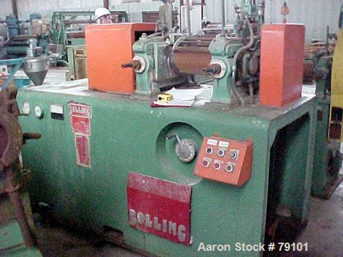 Used Stewart Bolling Horizontal Two Roll Mill. (2) 6" diameter x 13" wide cored rolls. Adjustable end guides, (2) knee safties, manual roll adjustment. Approximate batch capacity 2 pounds, roll speed...