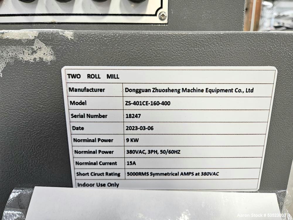 Unused Dongguan Zhuosheng ZS-401CE-160-400 Two-Roll Mill – 400°C, Alloy Rollers, 2023, 1.5 kW Dual Motors