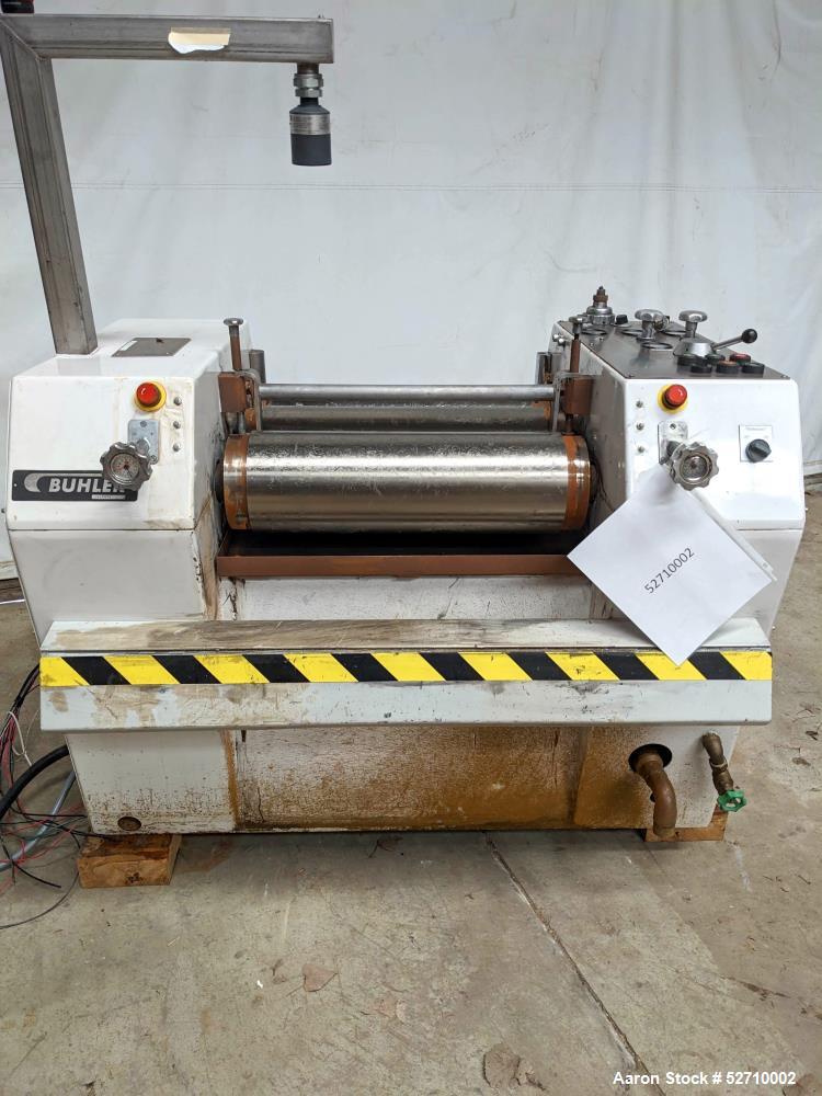Used- Buhler 3-Three Roll Mill, Model SDX-600. Approximate 200mm (7.874") diameter rolls. Useful roll length 600mm (23.622")...