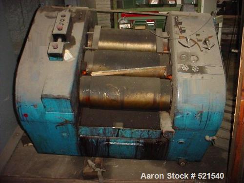 USED: Buhler Co type SDA three roll paint/ink mill. 10" diameter x 20" face rolls. Machine has a 25/12.5, 3/60/230V, 2 speed TEFC main drive, take-off knife, end guides, etc. Machine has hydraulicall...