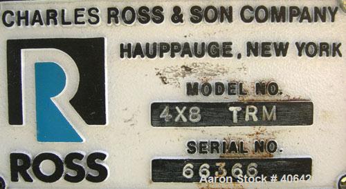 Used Ross horizontal three roll mill, model 4 X 8 TRM. (3) 4" diameter x 8" wide cored carbon steel rolls. Handwheel adjustments. Front roll speed 270 rpm. Adjustable end guides, knife scraper with d...