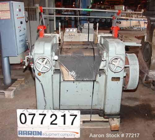 Used Inoue Seisakusho Horizontal Three Roll Mill, Model S-9X20. (3) 9" Diameter x 20" long manually adjustable cored rolls. Brass edge guides. Discharge pan with scraper. Driven by an approximate 5 h...