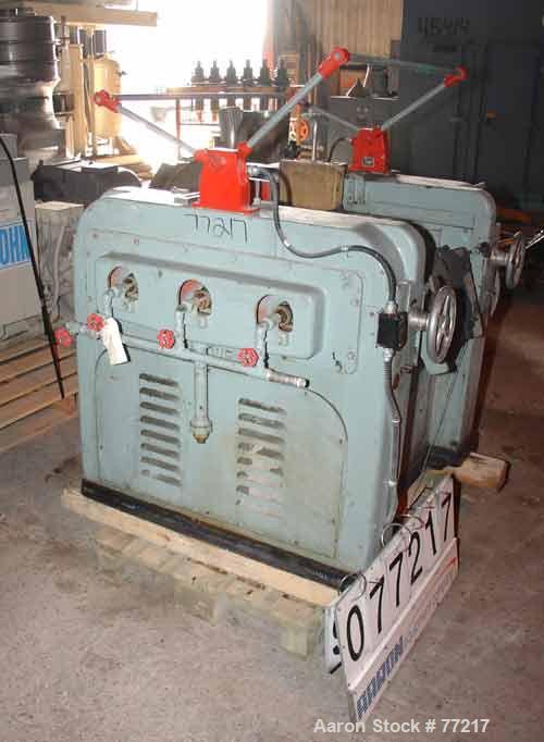 Used Inoue Seisakusho Horizontal Three Roll Mill, Model S-9X20. (3) 9" Diameter x 20" long manually adjustable cored rolls. Brass edge guides. Discharge pan with scraper. Driven by an approximate 5 h...