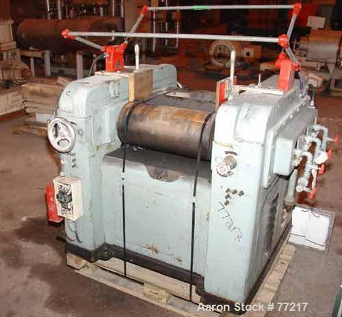 Used Inoue Seisakusho Horizontal Three Roll Mill, Model S-9X20. (3) 9" Diameter x 20" long manually adjustable cored rolls. Brass edge guides. Discharge pan with scraper. Driven by an approximate 5 h...