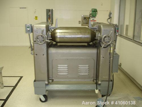 Used J.H. Day Horizontal Three Roll Mill, Model 10 x 22. (3) 10" diameter x 22" wide cored rolls. Knife scraper with discharge pan, bottom drip pan. Manual roll adjustment. Roll speed apron 300 rpm, ...
