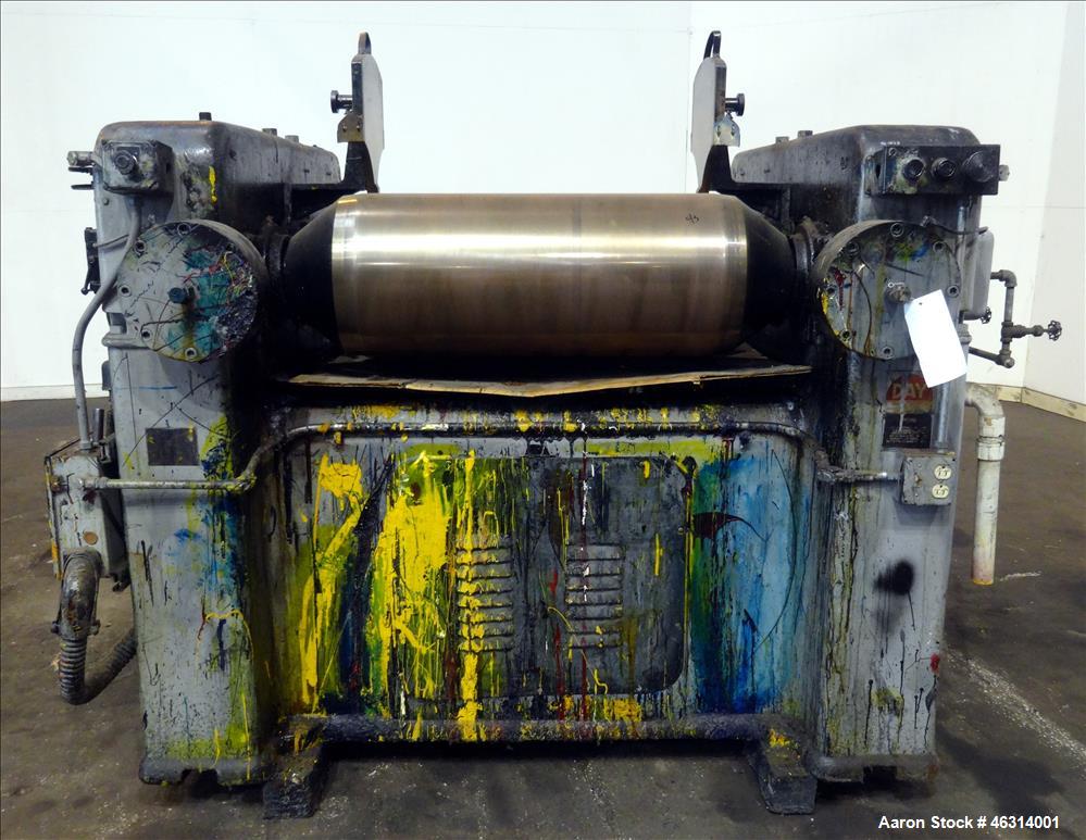 Used J.H. Day Horizontal Three Roll Dispersion Mill, Model 14" x 30". (3) 14" Diameter x 30" wide carbon steel cored rolls. (2) Adjustable bronze edge guides, bottom drip pan, knife scraper with disc...