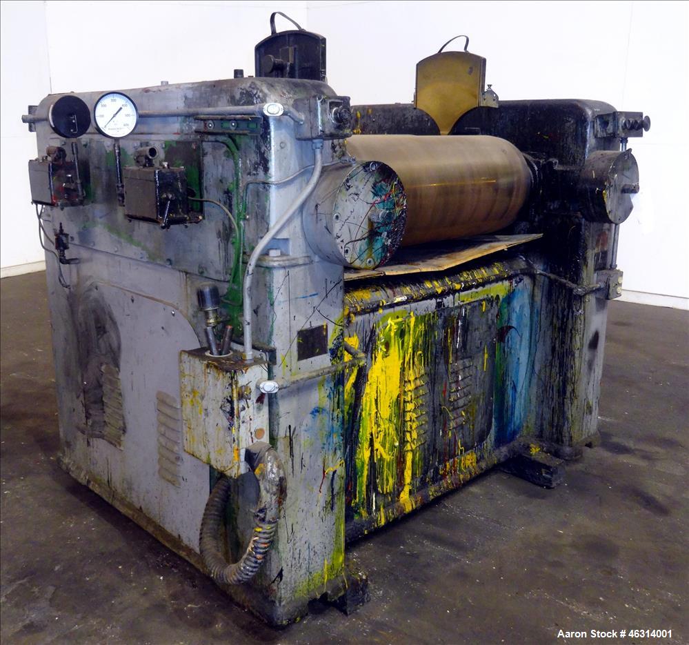 Used J.H. Day Horizontal Three Roll Dispersion Mill, Model 14" x 30". (3) 14" Diameter x 30" wide carbon steel cored rolls. (2) Adjustable bronze edge guides, bottom drip pan, knife scraper with disc...