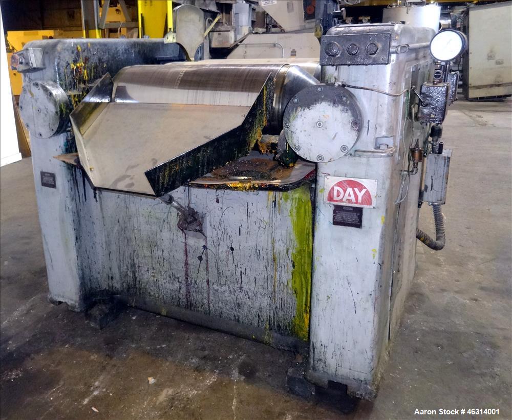 Used J.H. Day Horizontal Three Roll Dispersion Mill, Model 14" x 30". (3) 14" Diameter x 30" wide carbon steel cored rolls. (2) Adjustable bronze edge guides, bottom drip pan, knife scraper with disc...