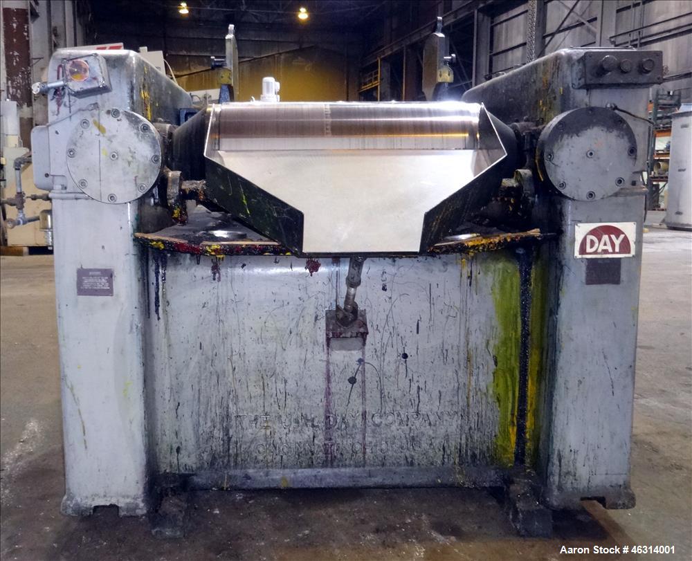 Used J.H. Day Horizontal Three Roll Dispersion Mill, Model 14" x 30". (3) 14" Diameter x 30" wide carbon steel cored rolls. (2) Adjustable bronze edge guides, bottom drip pan, knife scraper with disc...