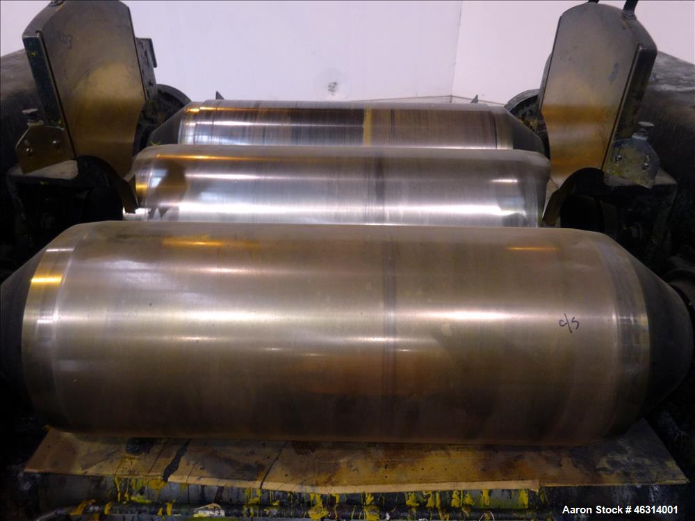 Used J.H. Day Horizontal Three Roll Dispersion Mill, Model 14" x 30". (3) 14" Diameter x 30" wide carbon steel cored rolls. (2) Adjustable bronze edge guides, bottom drip pan, knife scraper with disc...