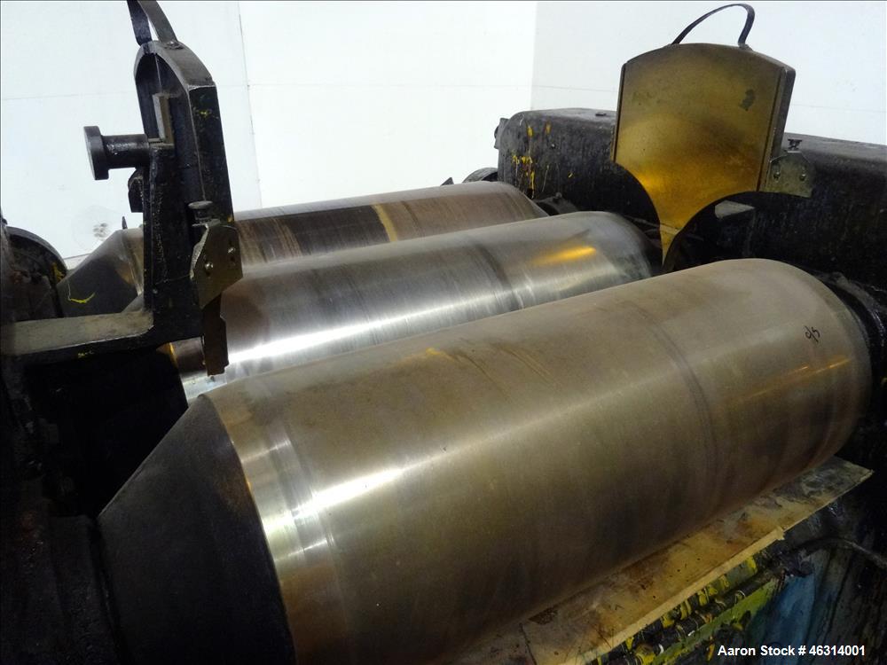 Used J.H. Day Horizontal Three Roll Dispersion Mill, Model 14" x 30". (3) 14" Diameter x 30" wide carbon steel cored rolls. (2) Adjustable bronze edge guides, bottom drip pan, knife scraper with disc...