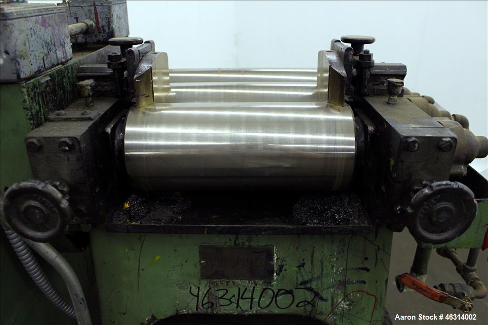 Used J.H. Day Horizontal Three Roll Lab Dispersion Mill, Model 5" x 12". (3) 5" Diameter x 12" wide carbon steel cored rolls. (2) Adjustable copper edge guides, bottom drip pan, knife scraper with di...