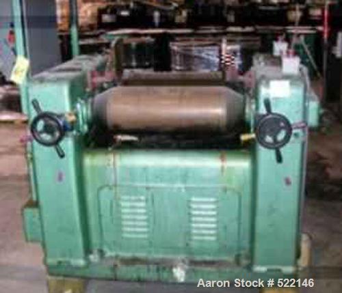 USED: J H Day three roll mill, 10 in diameter x 22 in long. Coredrolls for cooling. 15/7.5 hp two speed motor, 220V. Brass end guides. Manual roll adjustment on 1st and 3rd roll. Mill has been test r...