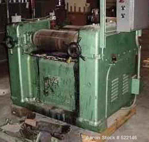 USED: J H Day three roll mill, 10 in diameter x 22 in long. Coredrolls for cooling. 15/7.5 hp two speed motor, 220V. Brass end guides. Manual roll adjustment on 1st and 3rd roll. Mill has been test r...