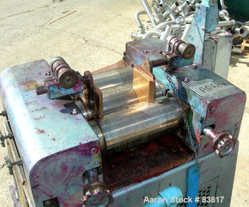 Used Keith Machinery Horizontal Three Roll Mill, model 4 x 8. (3) 4" diameter x 8" wide cored rolls. Adjustable end guides, knife scraper with discharge pan, bottom drip pan. Driven by an approximate...