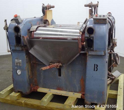 Used Lehmann Horizontal Three Roll Mill, Model 13X32. (3) 13" Diameter x 32" wide chrome plated adjustable cored rolls. Adjustable brass edge guides, knife scraper with discharge pan, bottom drip pan...