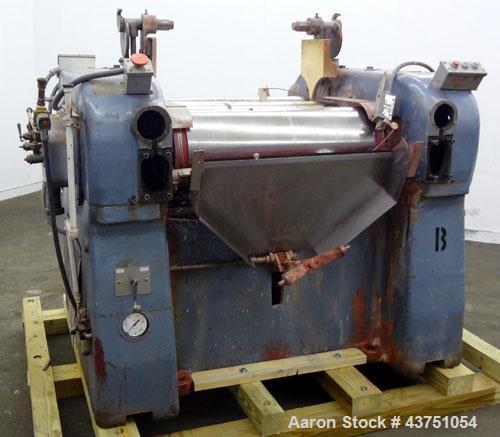 Used Lehmann Horizontal Three Roll Mill, Model 13X32. (3) 13" Diameter x 32" wide chrome plated adjustable cored rolls. Adjustable brass edge guides, knife scraper with discharge pan, bottom drip pan...
