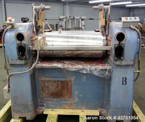Used Lehmann Horizontal Three Roll Mill, Model 13X32. (3) 13" Diameter x 32" wide chrome plated adjustable cored rolls. Adjustable brass edge guides, knife scraper with discharge pan, bottom drip pan...