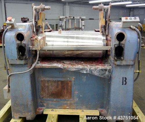 Used- Lehmann Horizontal Three Roll Mill, Model 13X32. (3) 13" Diameter x 32" wide chrome plated adjustable cored rolls. Adj...