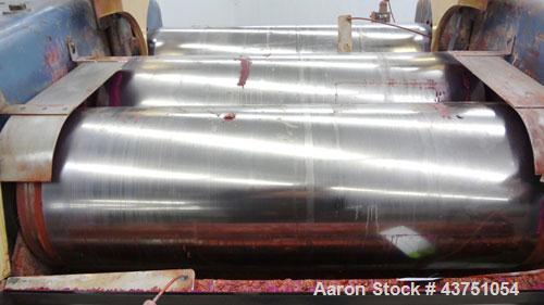 Used Lehmann Horizontal Three Roll Mill, Model 13X32. (3) 13" Diameter x 32" wide chrome plated adjustable cored rolls. Adjustable brass edge guides, knife scraper with discharge pan, bottom drip pan...